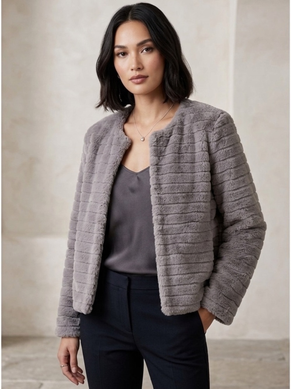 Kaii Jacket Plush Faux Fur Gray Size XL open